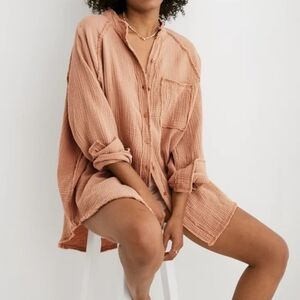 Aerie | Gauzy Coverup Cotton Button Long Sleeve Shirt Cappuccino Brown Women XL